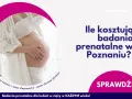 Ciężarna kobieta z dłonią na brzuchu. Pytanie: Ile kosztują badania prenatalne w Poznaniu? Sprawdź!