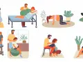 Różne pozycje wertykalne podczas porodu: kucanie przy krześle, klęczenie na łóżku, na czworakach, siedzenie na fotelu, klęczenie na łóżku, siedzenie na piłce, kucanie na stołku, siedzenie na piłce z partnerem.