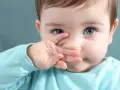 Małe dziecko z niebieskimi oczami zakrywa nosek rączką, wyraźnie pokazując, że nie chce jeść.