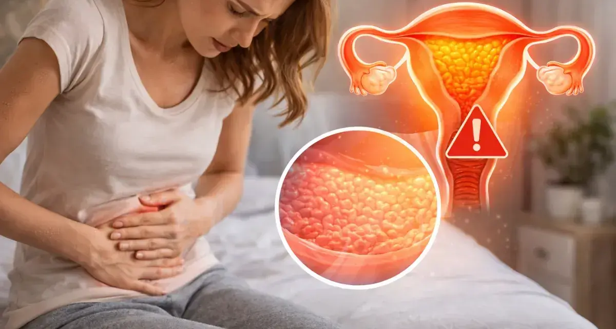 Kobieta z bólem brzucha, obok grafika macicy z ostrzeżeniem i zbliżenie na przerost endometrium.