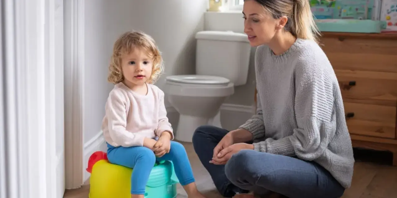 Mama uczy dziecko, jak nauczyć dziecko korzystać z nocnika. Maluch siedzi na kolorowym nocniku, mama siedzi obok.