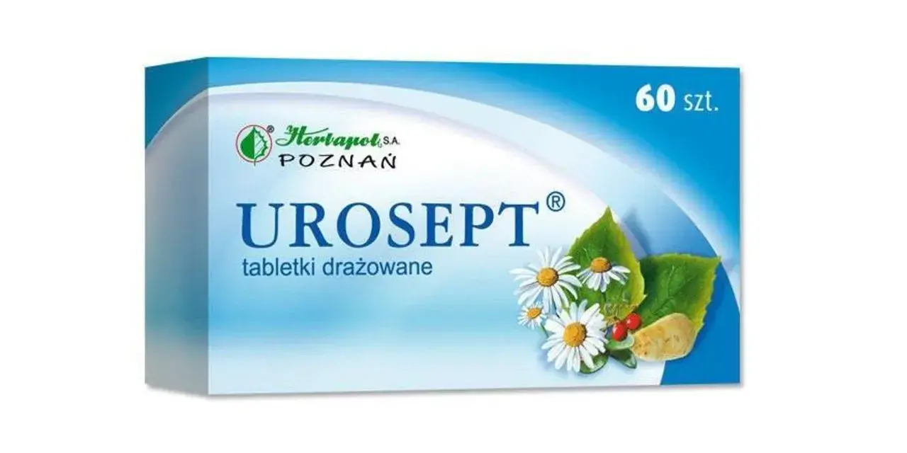 Opakowanie Uroseptu, tabletek drażowanych z rumiankiem i żurawiną, 60 szt. Bezpieczny wybór dla kobiet w ciąży.