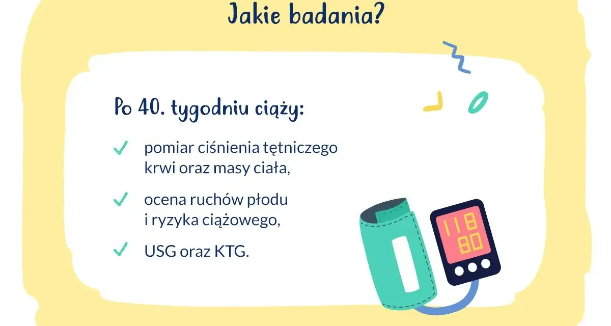 Po 40. tygodniu ciąży badania obejmują pomiar ciśnienia, ocenę ruchów płodu, USG i KTG.
