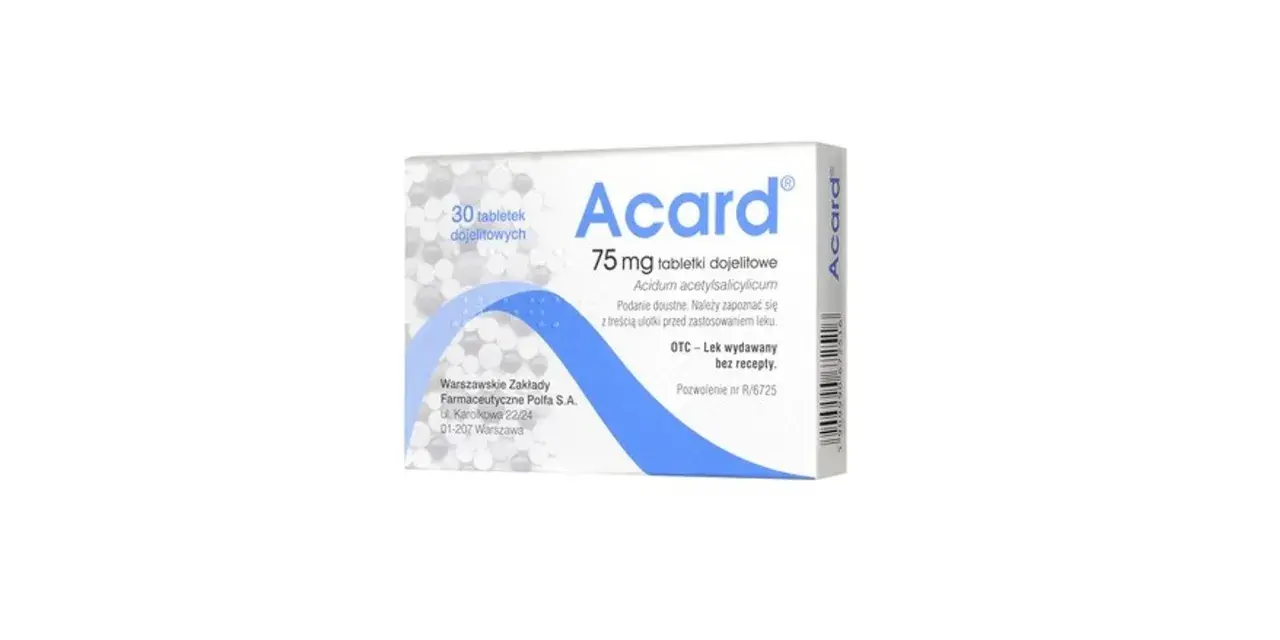 Opakowanie leku Acard 75 mg, stosowanego m.in. przez kobiety w ciąży, z informacją o 30 tabletkach dojelitowych.