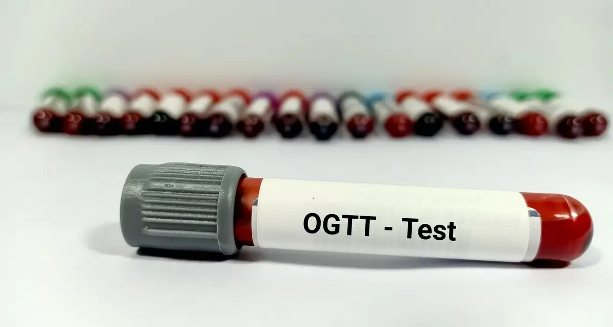 Probówki z krwią do badania OGTT - test obciążenia glukozą. W tle rząd innych próbek.