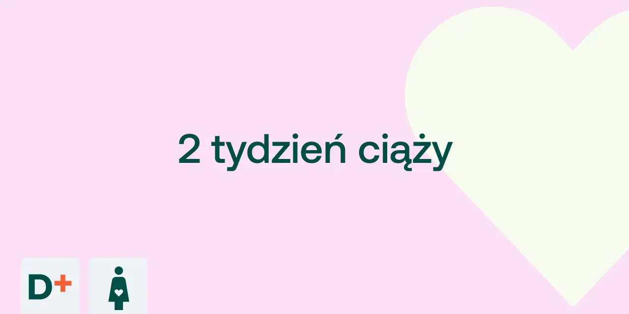 2 tydzień ciąży. Delikatny róż i jasna zieleń tworzą tło dla tekstu i ikon symbolizujących etapy ciąży.