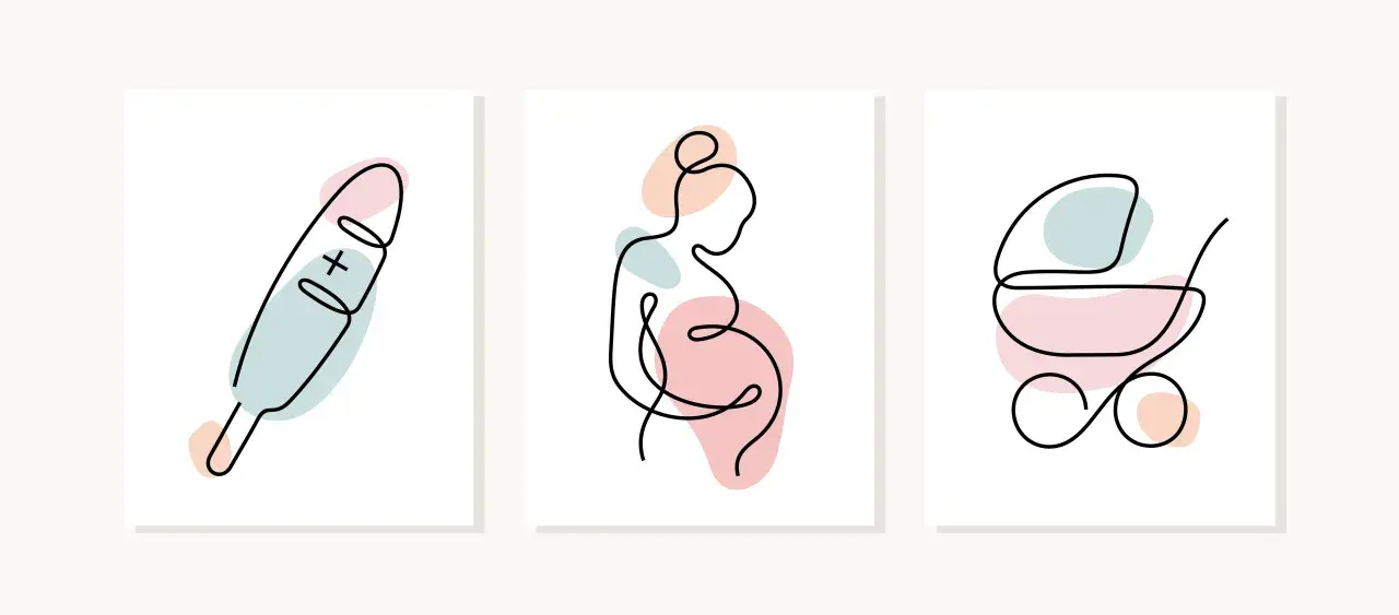 Trzy minimalistyczne grafiki: termometr z plusem, ciężarna kobieta i wózek dziecięcy. Symbolizują początek życia, od pierwszych oznak, przez rozwój, aż po narodziny. Trofoblast to początek tej drogi.