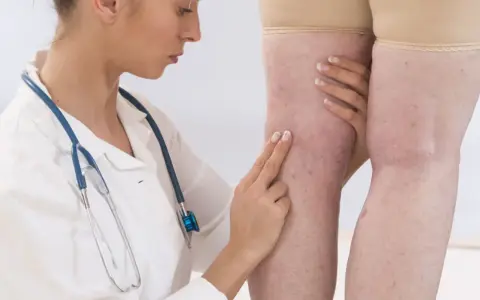 Lekarka bada nogi pacjentki z widocznymi żylakami. Wyniki badań wskazują na d-dimery 1500, co może sugerować zakrzepicę.