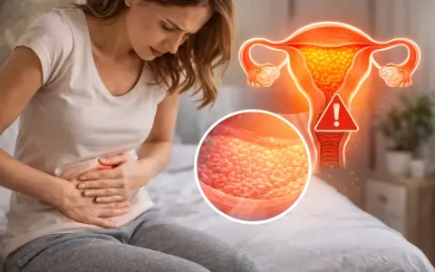 Kobieta z bólem brzucha, obok grafika macicy z ostrzeżeniem i zbliżenie na przerost endometrium.