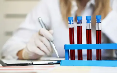 Laborantka w białej rękawiczce analizuje próbki krwi, badając poziom protrombiny.