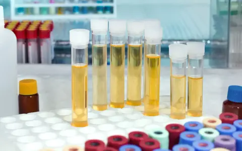 Próbówki z żółtym płynem, być może mętny mocz w ciąży, stoją w statywie laboratoryjnym.
