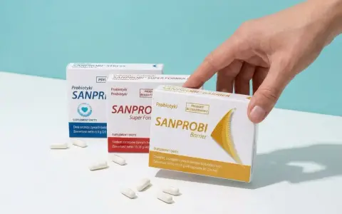 Dłoń sięga po probiotyk w ciąży. Na stole leżą opakowania Sanprobi, a obok nich kapsułki.
