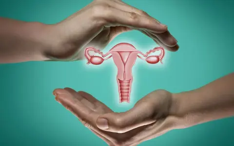 Dwie dłonie otaczają macicę z jajowodami. Ilustracja symbolizuje troskę o długość szyjki macicy w 30 tygodniu ciąży.