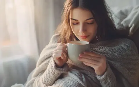 Kobieta w ciąży, otulona kocem, pije ciepłą herbatę, próbując złagodzić objawy zatkanego nosa.