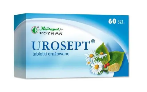 Opakowanie Uroseptu, tabletek drażowanych z rumiankiem i żurawiną, 60 szt. Bezpieczny wybór dla kobiet w ciąży.