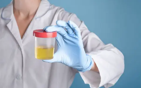 Ręka w niebieskiej rękawiczce trzyma pojemnik z żółtym płynem, potencjalnie badanie na obecność cukru w moczu.