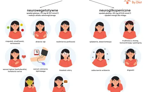 Objawy hipoglikemii w ciąży: niepokój, drżenie rąk, poty, splątanie, trudności z mową, kołatanie serca, nudności, głód, drgawki, utrata przytomności.