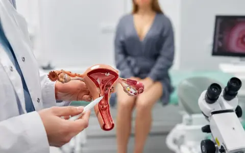 Lekarz pokazuje model narządów rodnych, omawiając nadżerka szyjki macicy objawy. W tle pacjentka i sprzęt medyczny.