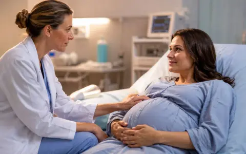 Lekarka z troską dotyka brzucha ciężarnej pacjentki, która leży w szpitalnym łóżku. Rozwarcie do porodu postępuje, a przyszła mama uśmiecha się do lekarki.