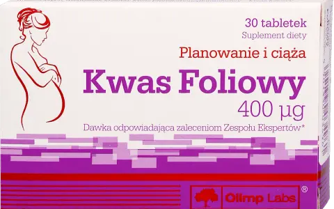 Opakowanie suplementu diety Kwas Foliowy 400 µg, zalecanego do planowania i ciąży. Wskazuje ile kwasu foliowego w ciąży jest potrzebne.