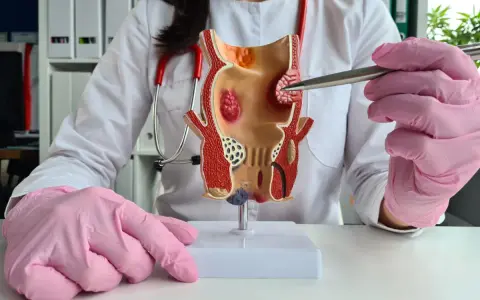 Model jelita grubego z widocznymi hemoroidami, często pojawiającymi się po porodzie. Lekarz w różowych rękawiczkach wskazuje na problem.