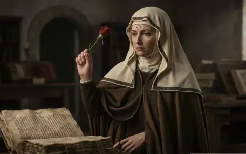 Kobieta w habicie trzyma różę, modląc się o donoszenie ciąży do św. Rity. Obok leży stara księga.