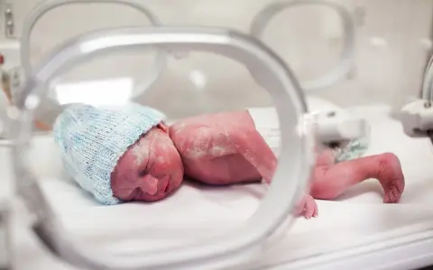 Maleńki noworodek w niebieskiej czapeczce leży w inkubatorze. To dziecko urodzone w 20 tygodniu ciąży, walczące o życie.
