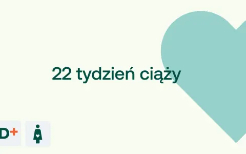 22 tydzień ciąży, czyli który to miesiąc? Grafika z sercem i ikonami D+ oraz kobiety w ciąży.
