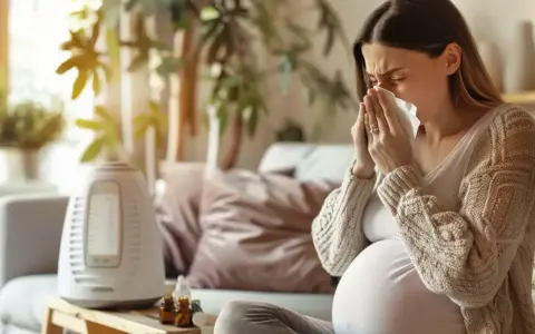 Ciężarna kobieta z chusteczką przy nosie, szukająca informacji co na ból gardła w ciąży. Obok nawilżacz powietrza i buteleczki z lekami.