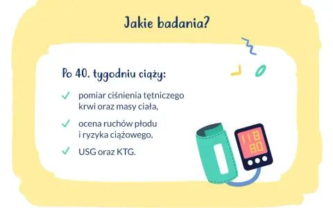 Po 40. tygodniu ciąży badania obejmują pomiar ciśnienia, ocenę ruchów płodu, USG i KTG.