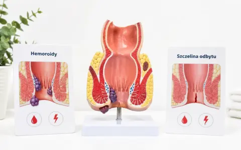Model anatomiczny odbytu z zaznaczonymi hemoroidami. Choć obrazek dotyczy dorosłych, problem hemoroidów u dzieci również istnieje.