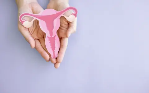 Dłonie trzymają model macicy z widoczną szyjką macicy, symbolizującą wczesną ciążę.