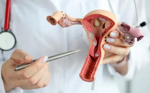 Model anatomiczny narządów rodnych kobiety z widocznym tyłozgięciem macicy i mięśniakami. Lekarz wskazuje na zmiany.