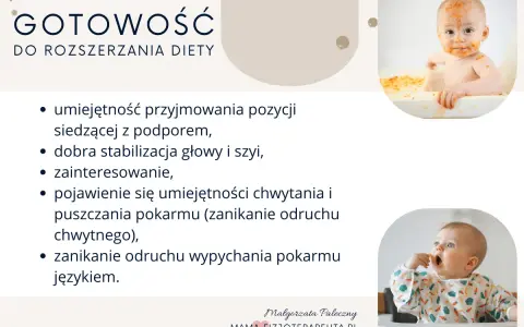 6 miesięczne dziecko gotowe na rozszerzanie diety. Siedzi, stabilizuje główkę, interesuje się jedzeniem i zaczyna łapać pokarm.
