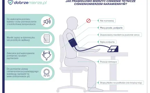 Prawidłowe mierzenie ciśnienia u dzieci: ciche miejsce, proste plecy, ręka podparta, stopy płasko. Zapisz wyniki.