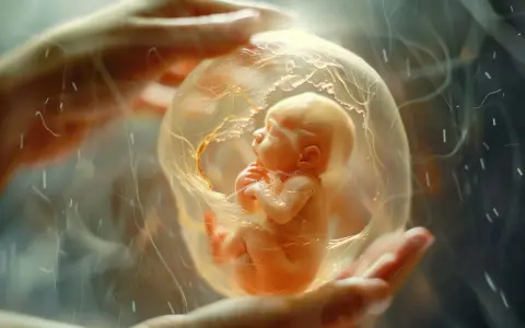 Dziecko w łonie matki, otoczone przez zielone wody płodowe, delikatnie trzymane w dłoniach.