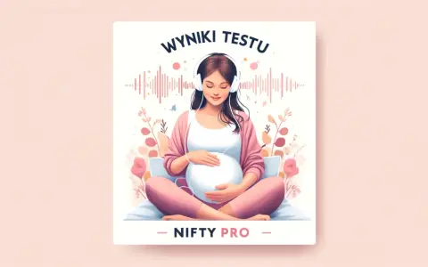 Nifty Pro: ciężarna kobieta w słuchawkach słucha wyników testu, otoczona kwiatami i falami dźwiękowymi.