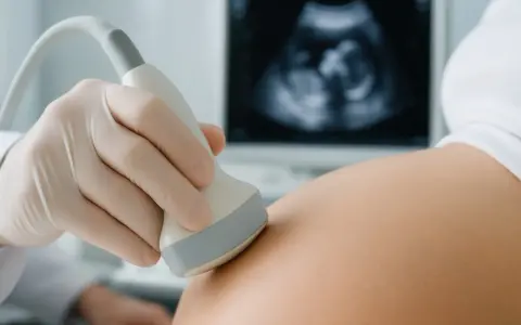Ręka w rękawiczce medycznej wykonuje usg prenatalne. Na ekranie widoczny obraz płodu.