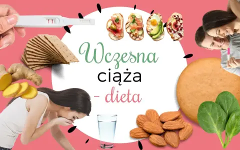Wczesna ciąża - dieta: test ciążowy, imbir, chrupki, przekąski, migdały, szpinak, para z pozytywnym testem.