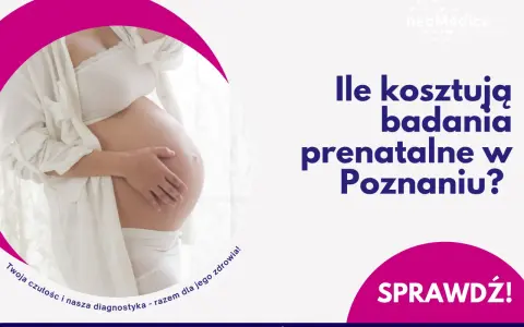 Ciężarna kobieta z dłonią na brzuchu. Pytanie: Ile kosztują badania prenatalne w Poznaniu? Sprawdź!