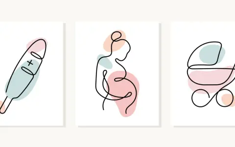 Trzy minimalistyczne grafiki: termometr z plusem, ciężarna kobieta i wózek dziecięcy. Symbolizują początek życia, od pierwszych oznak, przez rozwój, aż po narodziny. Trofoblast to początek tej drogi.
