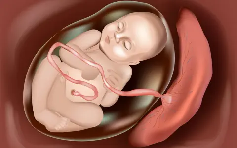 Dziecko w łonie matki, otoczone płynem owodniowym, z pępowiną połączoną z łożyskiem.