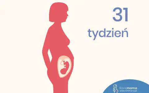 Sylwetka kobiety w ciąży, wewnątrz widoczny płód. Obok napis "31 tydzień".