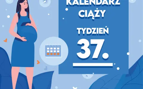 Kobieta w 37. tygodniu ciąży, blisko momentu, kiedy ciąża jest donoszona. Kalendarz ciąży wskazuje ten etap.