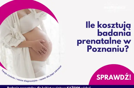 Ciężarna kobieta z dłonią na brzuchu. Pytanie: Ile kosztują badania prenatalne w Poznaniu? Sprawdź!