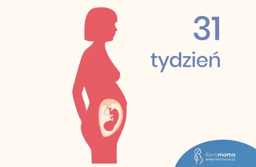 Sylwetka kobiety w ciąży, wewnątrz widoczny płód. Obok napis "31 tydzień".