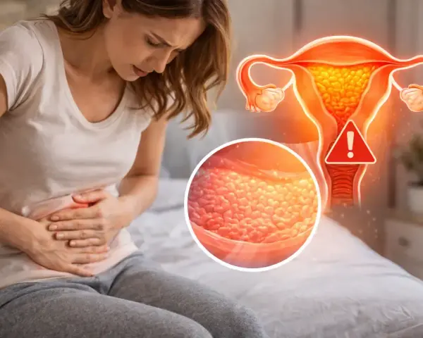 Kobieta z bólem brzucha, obok grafika macicy z ostrzeżeniem i zbliżenie na przerost endometrium.