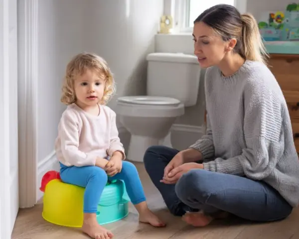 Mama uczy dziecko, jak nauczyć dziecko korzystać z nocnika. Maluch siedzi na kolorowym nocniku, mama siedzi obok.