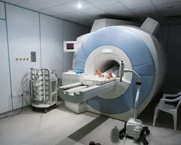 Pacjentka leży w aparacie do rezonansu magnetycznego. Badanie rezonansem w ciąży jest bezpieczne i pozwala na dokładną diagnostykę.