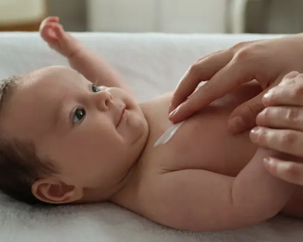 Delikatna pielęgnacja 3 miesięcznego dziecka. Krem na jego klatce piersiowej.